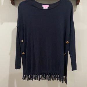 Lilly Pulitzer navy sweater so cute with fringe accent!
